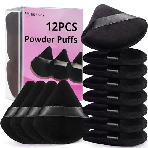 BEAKEY 12pcs Powder Puffs for Face Powder Triangle Powder Puff for Loose and Cosmetic Foundation, Makeup Puff for Contouring, Cloud Kiss Makeup Sponges Beauty Makeup Tools, Double 6 Pack Black