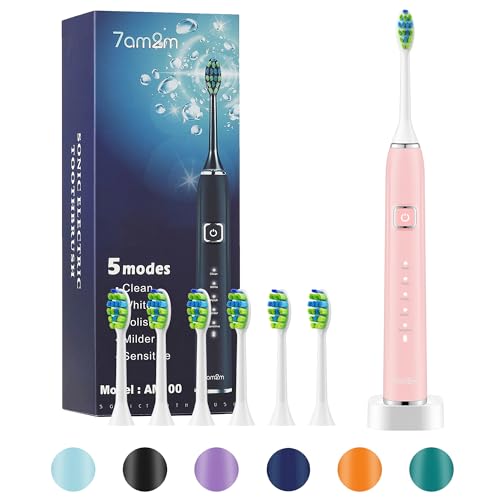 7AM2M Sonic Electric Toothbrush with 6 Brush Heads for Adults&Kids, One Charge for 120 Days, Wireless Fast Charge, 5 Modes, 40000VPM Powered Toothbrush, 2 Minutes Built in Smart Timer (Pink)