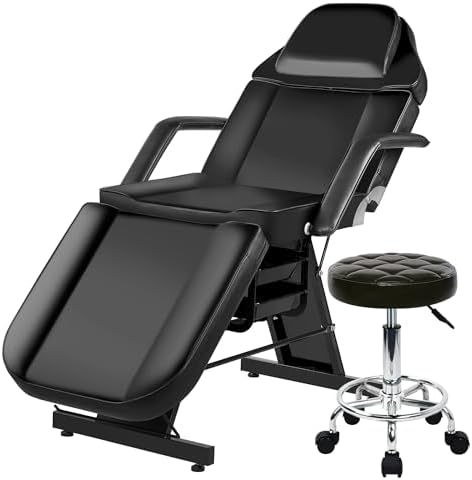 Tattoo Facial Chair for Client, Lash Massage Facial Bed for Estheticia with Extended Head & Hydraulic Stool, Adjustable Tattoo Artist Chair Beauty Salon Spa Equipment with 2-Basket, Black