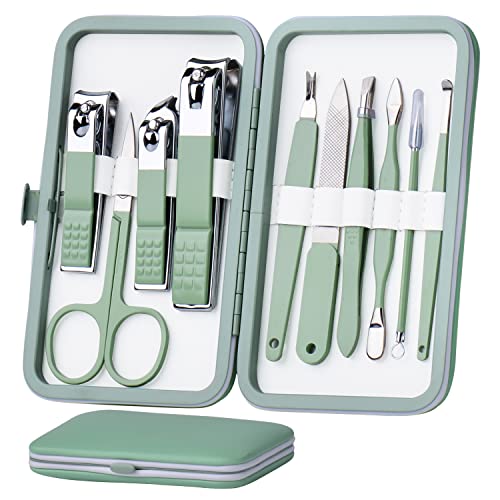 Manicure Set 10 in 1 Stainless Steel, Nail Clippers Scissors Pedicure Tools Kit - Portable Travel Grooming Kit for Men and Women with Leather Case (Jade Green)