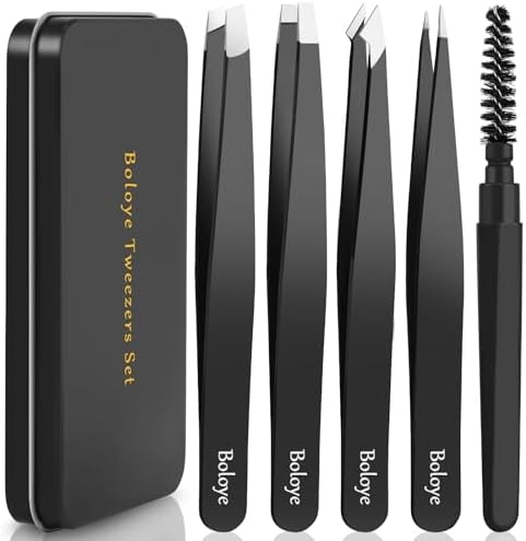 Tweezers Set, 4Pcs Eyebrow Tweezers and an Eyebrow Brush with an Metal Case, Professional Stainless Steel for Men & Women, Precision for Facial Hair, Splinter and Ingrown Hair Removal