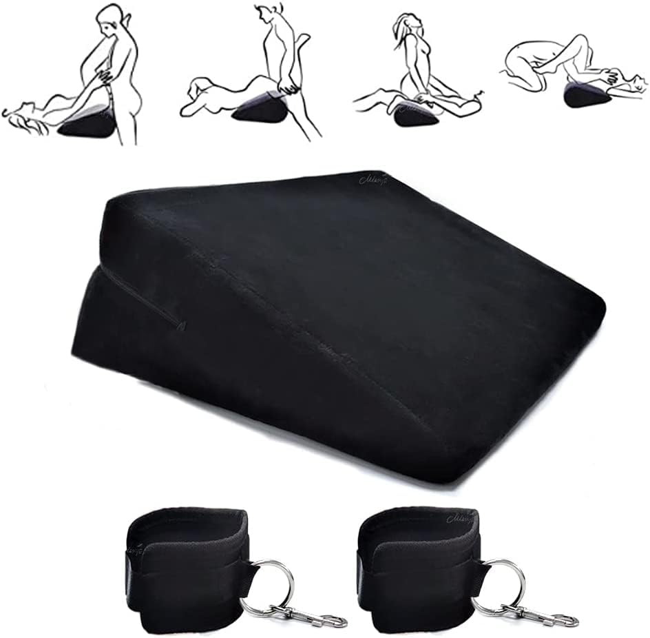 MISSTU Sex Furniture Adult Sex Toys Sex Pillow for Adults with Handcuffs Firm Density Foam Positioning Cushion Sex Restraints Cuffs Set Erotic Games Black Microfiber (18.5 Inches)