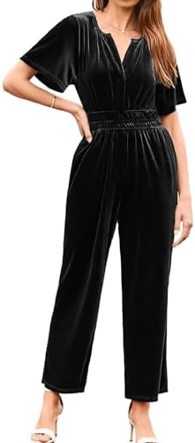 Simplee Womens Short Sleeve Wide Leg Velvet Jumpsuit Dressy V Neck Elastic Waist Formal Jumpsuits 2024 Winter Holiday Outfits