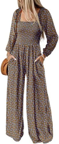 Dokotoo Women's Casual Loose Overalls Jumpsuits One Piece Long Sleeve Printed Wide Leg Long Pant Rompers With Pockets