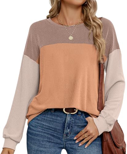 Womens Color Block Long Sleeve Crewneck Knitted Casual Loose Pullover Shirts Tops