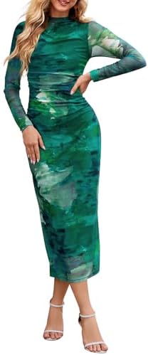 MEROKEETY Women's 2024 Long Sleeve Tie Dye Dress Bodycon Mock Neck Mesh Ruched Cocktail Maxi Dresses