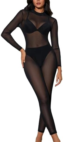 MakeMeChic Women's Sheer Mesh Cut Out Back Long Sleeve Skinny Jumpsuits