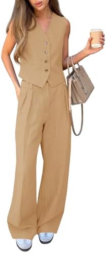 Cicy Bell Women's 2 Piece Outfits V Neck Crop Vest Blazer and Wide Leg Suit Pants Sets