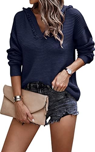 PRETTYGARDEN Fall Sweaters for Women 2024 Long Sleeve Hoodie V Neck Ribbed Knit Pullover Tops