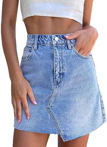 imesrun Womens Mini Denim Skirts Causal High Waisted Cute Asymmetrical Hem Summer Short Jean Skirts with Pockets