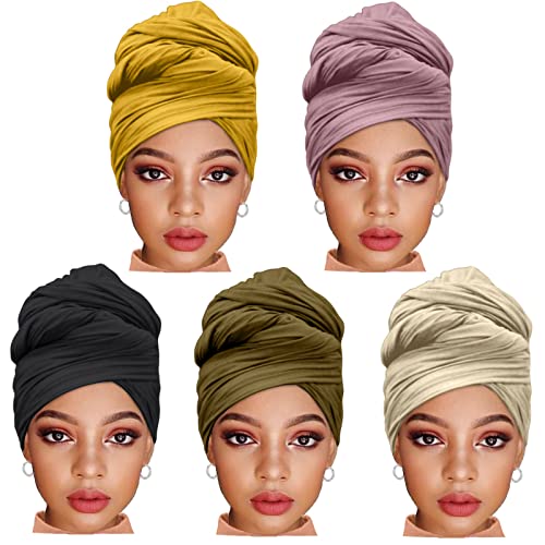 ZRQ 5 Pieces Stretch Turban Headwraps African Women's Hijab Muslim Soft Breathable Hair Scarf Tie Apply for Locs Braid Headband Fashion Women Hijab (Black,Army Green,Leather Powder,Turmeric,Beige)