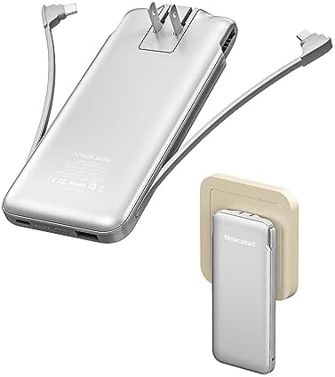 Portable Charger Power Bank with Built in Cable and AC Wall Plug, 10000mAh Fast USB C Phone Charger, Slim Thin Mini Charging Battery Pack Compatible with iOS Phones and All USB-C Devices