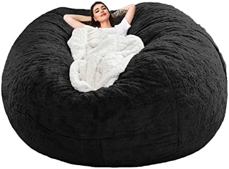 Giant Fur Bean Bag Chair Cover for Kids Adults, (No Filler) Living Room Furniture Big Round Soft Fluffy Faux Fur Beanbag Lazy Sofa Bed Cover (Black, 6FT)