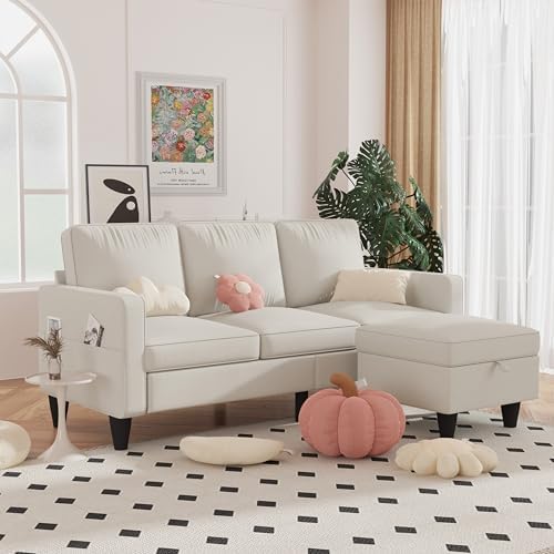 Convertible Sectional Sofa Couch, Beige 3 Seat L-Shaped Sofas with Movable Ottoman, Modern Linen Fabric Couches for Living Room, Apartment, Office, Small Space