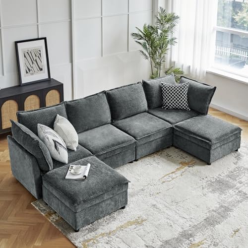 HULALA HOME 127'' Modular Sectional Sofa, Oversized U Shaped Couch with Storage Ottoman, Extra Deep Seat, Modern Comfy Chenille Sofa with Chaise, 6 Seat Convertible Couches for Living Room, Grey