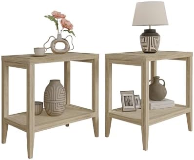 SICOTAS Rattan Nightstands Set of 2 - Boho Bedside Tables Narrow End Table Living Room Set of 2 Side Table with Rattan Storage Shelves for Small Space - Light Oak