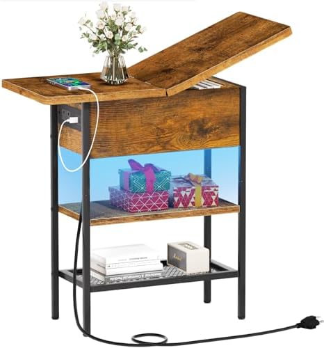 LED Lights End Table(23.6"x11.8"x23.8") with Charging Station/Storage,Flip Top Side Table with USB Ports Outlets, Bedsides Table Narrow Nightstand for Small Spaces Living Room, Bedroom,Brown