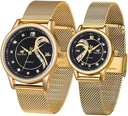 SIBOSUN Couple Watch His and Hers Watch Valentine's Romantic Men and Women Wrist Watches for Couples Quartz Analog Gifts Set for Lover Set of 2 Heart Crystal Mesh Stainless Steel