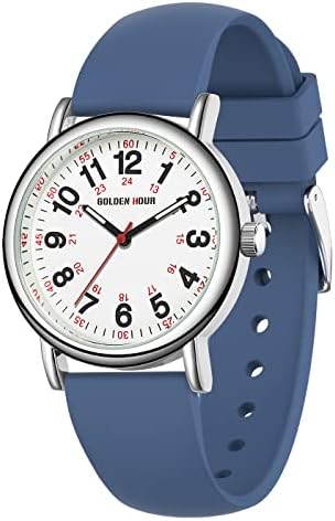 GOLDEN HOUR Waterproof Nurse Watch for Medical Professionals, Students Women Men - Military Time Luminouse Easy Read Dial, 24 Hour with Second Hand, Colorful Silicone Band