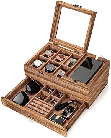 Pinzoveco Watch Box Organizer for Men, 6 Slot Watch Case for Men Display & Storage Watch, Solid Wood Jewelry Box for Men, Gift for Boyfriend Fathers Day Birthday Gifts (Carbonized Brown)