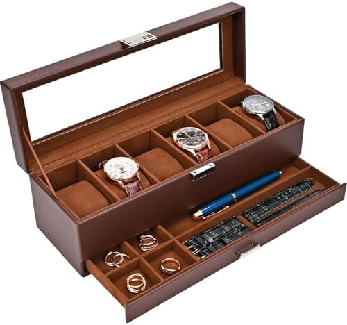 ProCase Watch Box for Men, 6 Slot Watch Display Case with Drawer, Mens Watch Case With Glass Lid, 2-Layer Jewelry and Watch Storage Watch Holder Organizer for Men Women -6 Slot, Espresso