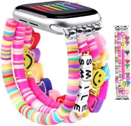 JR.DM Beaded Bracelet Compatible with Apple Watch 40mm 38mm 41mm for Women Girls, Cute Fashion Preppy Stack Handmade Elastic Watch Strap Replacement for iWatch Series 9/8/7/SE/6/5/4/3/2/1 (Colorful)