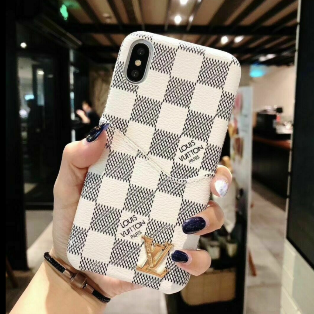 Checkered Leather Cardholder iPhone Case – White